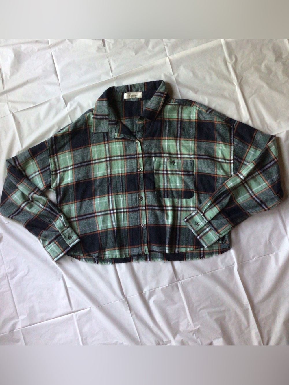Cropped Mint Green & Navy Plaid Button-Down Shirt